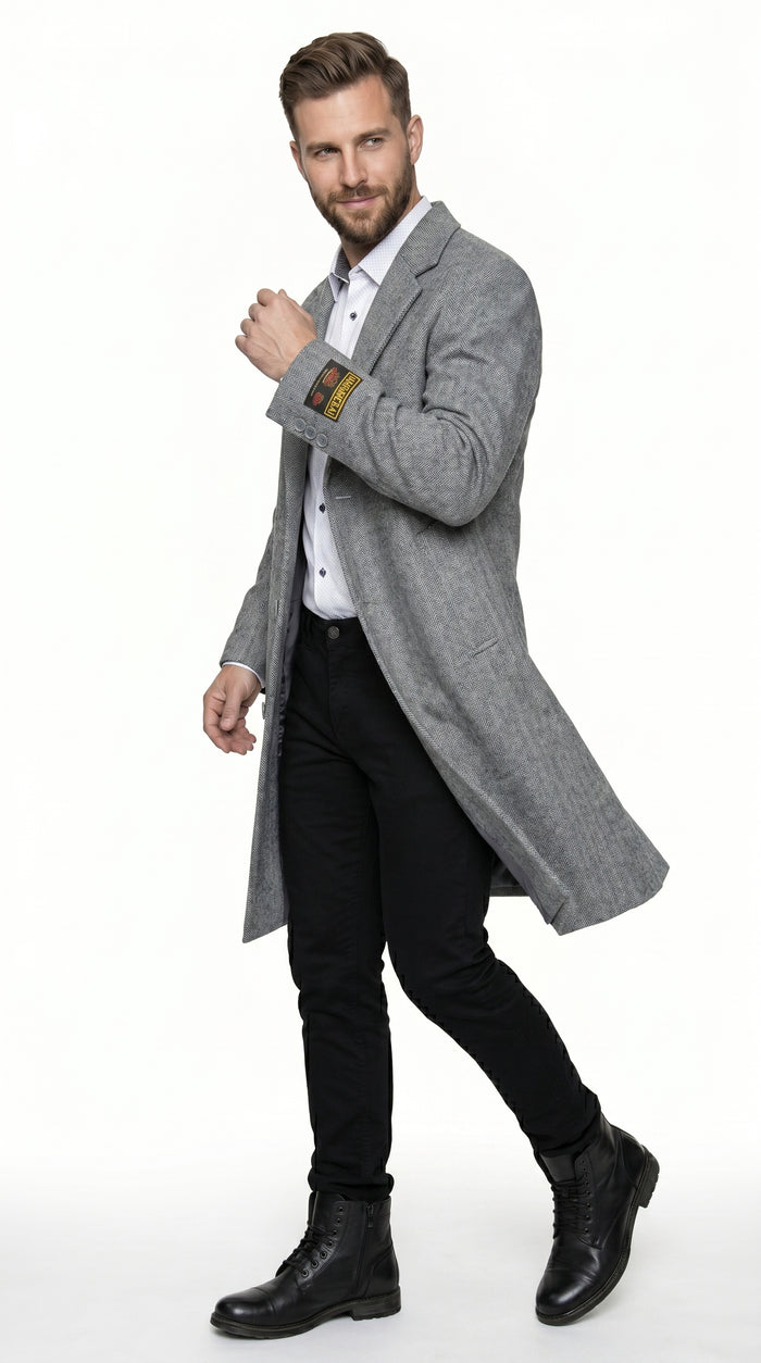 Men’s Light Grey Big and Tall Long Overcoat, Winter Dress Topcoat in 4XL 5XL 6XL