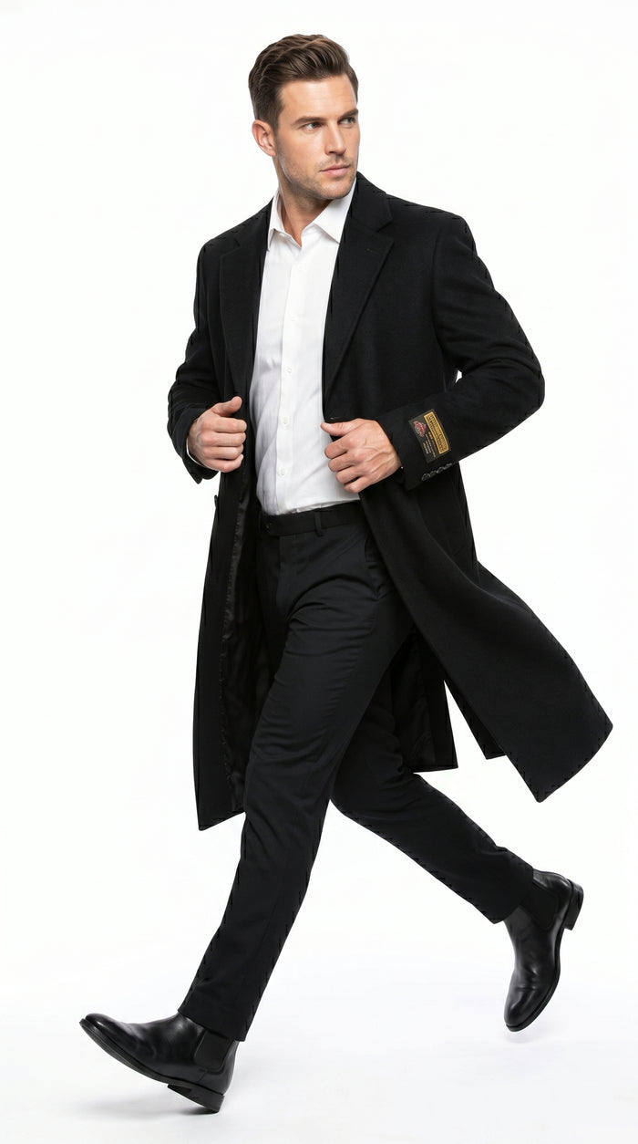Men’s Black Big and Tall Long Overcoat, Winter Dress Topcoat in 4XL 5XL 6XL