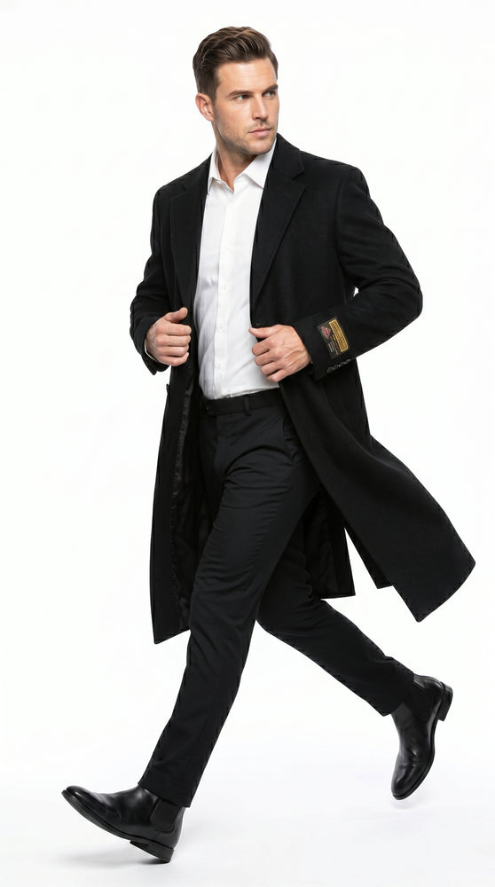 Men’s Black Big and Tall Long Overcoat, Winter Dress Topcoat in 4XL 5XL 6XL