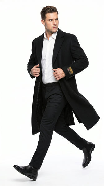 Men’s Black Big and Tall Long Overcoat, Winter Dress Topcoat in 4XL 5XL 6XL