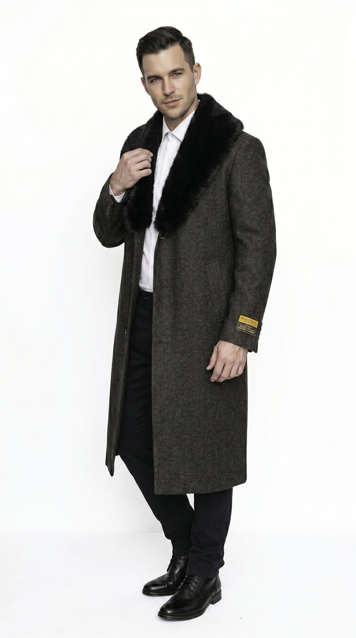 Men’s Brown Big and Tall Long Overcoat with Fur Style Collar, Winter Dress Topcoat in 4XL 5XL 6XL