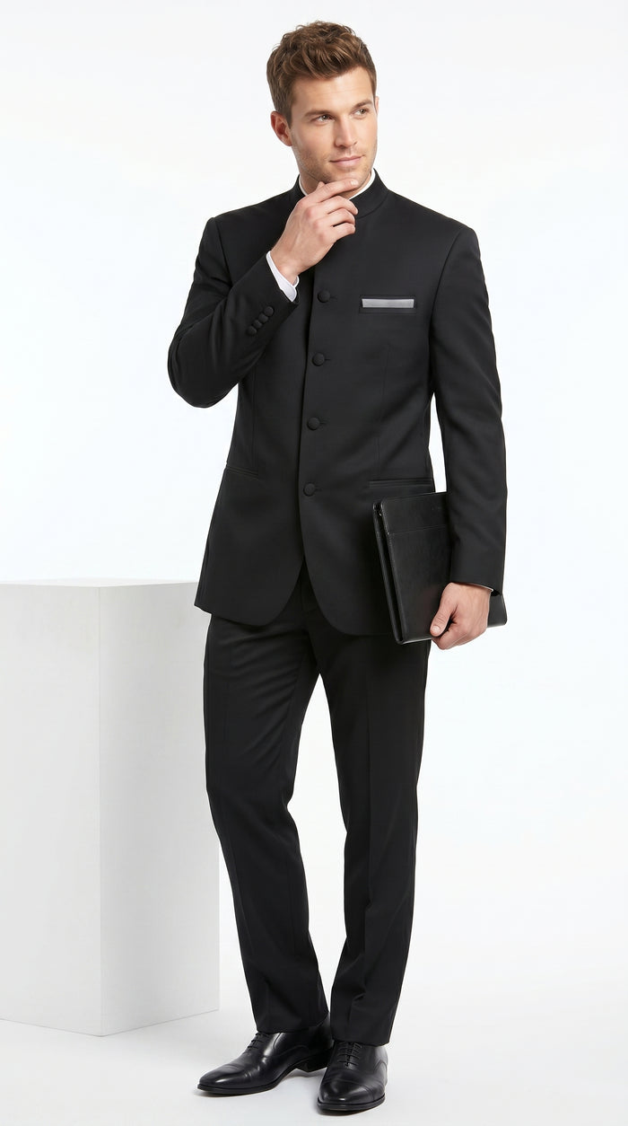 Men’s Black 5 Button Mandarin Collar Nehru Style Suit, Formal Banded Collar Dress Suit
