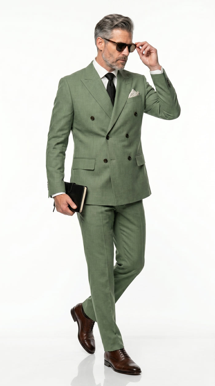 Men’s Sage Green Double Breasted Summer Suit, Lightweight Formal Wedding Dress Suit