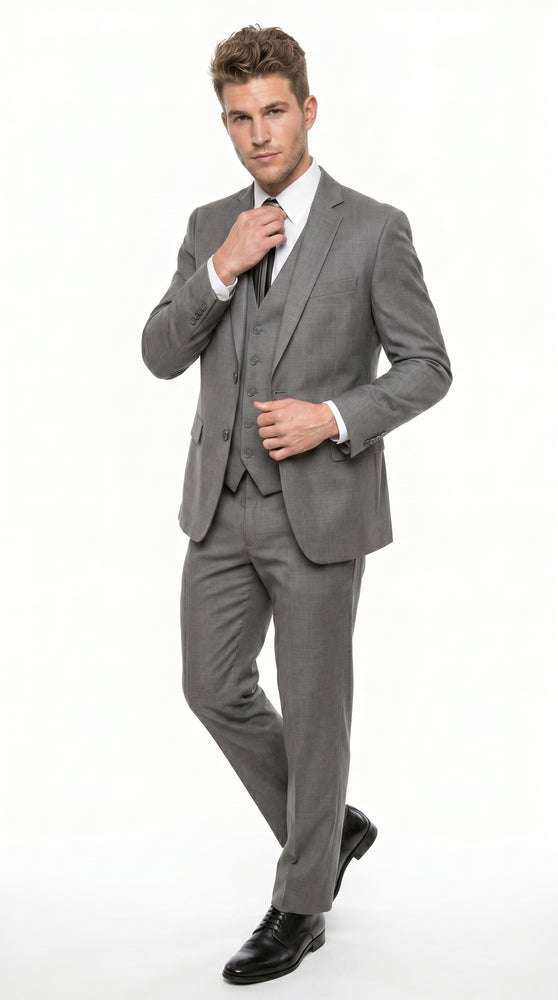 Men’s Gray 3 Piece Vested Suit with 2 Button Jacket and Peak Lapel, Formal Wedding Business Suit