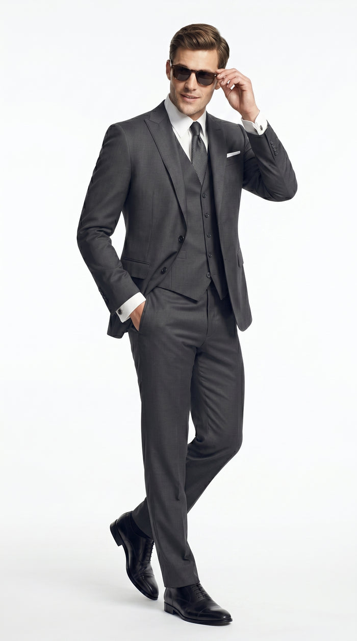 Men’s Dark Grey 3 Piece Vested Suit with 2 Button Jacket and Peak Lapel, Formal Wedding Business Suit