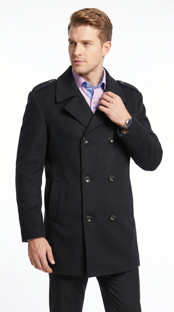 Men’s Black Wool Blend Double Breasted Peacoat, Designer Style Winter Dress Coat