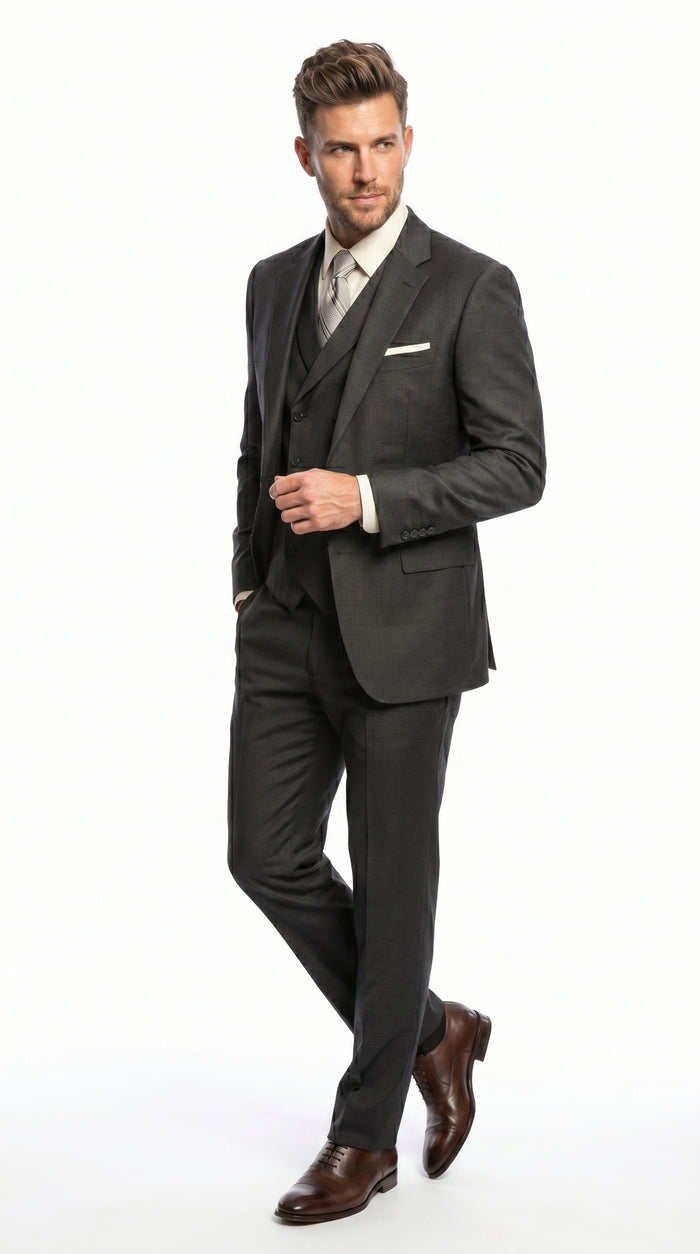 Men’s Urban Gray 3 Piece Suit with Double Breasted Vest and Pleated Pants, Formal Dress Suit