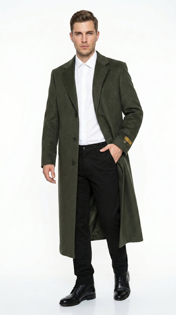 Men’s Olive Green Full Length Wool Blend Topcoat, Long Dress Overcoat for Winter Formal Wear
