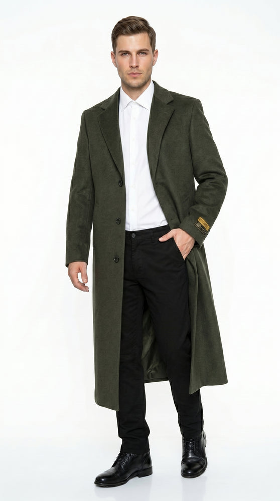 Men’s Olive Green Full Length Wool Blend Topcoat, Long Dress Overcoat for Winter Formal Wear
