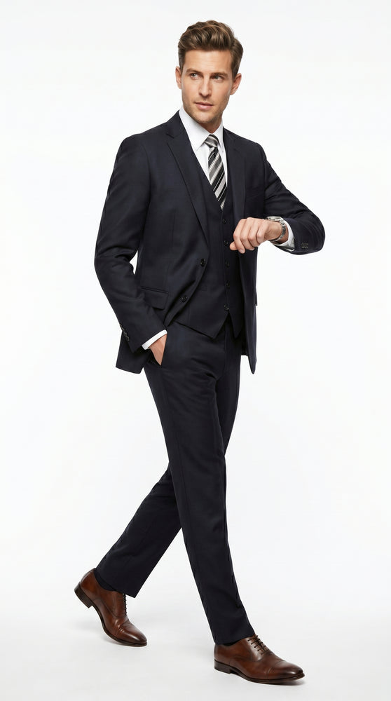 Men’s Black 3 Piece Suit with 2 Button Jacket, Vested Peak Lapel Formal Dress Suit