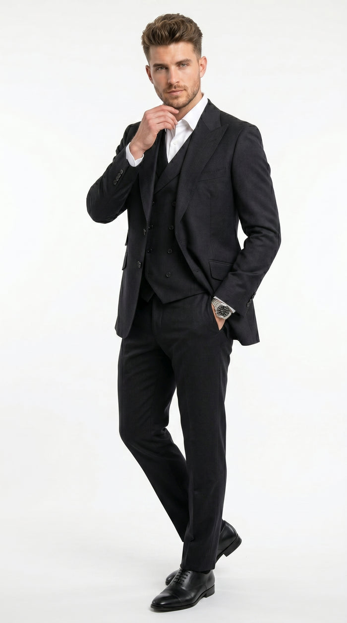 Men’s Black Classic Fit 3 Piece Suit with Double Breasted Vest and Pleated Pants