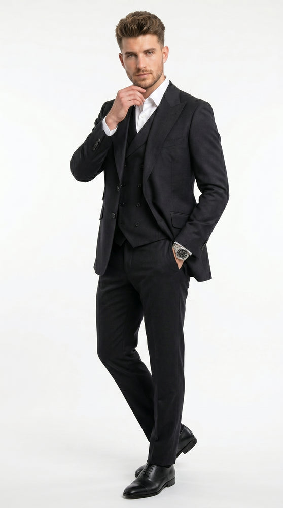 Men’s Black Classic Fit 3 Piece Suit with Double Breasted Vest and Pleated Pants