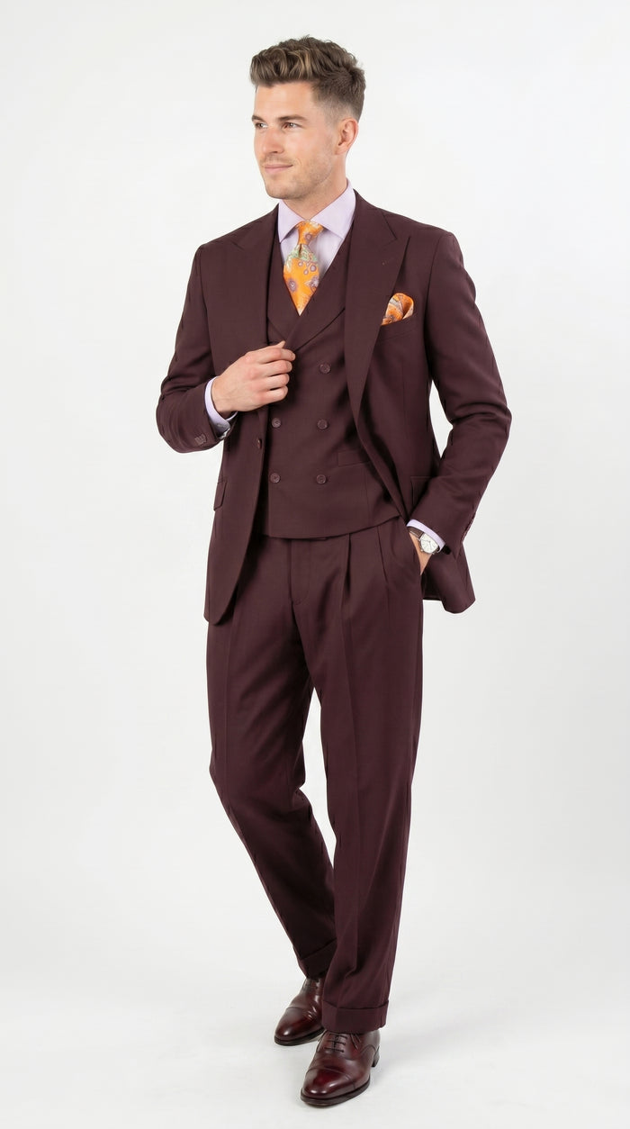 Men’s Burgundy Maroon 3 Piece Suit with Double Breasted Vest and Pleated Pants