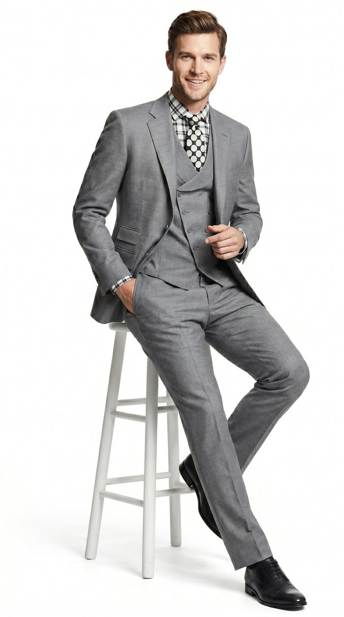 Men’s Light Grey 3 Piece Suit with Double Breasted Vest and Pleated Pants