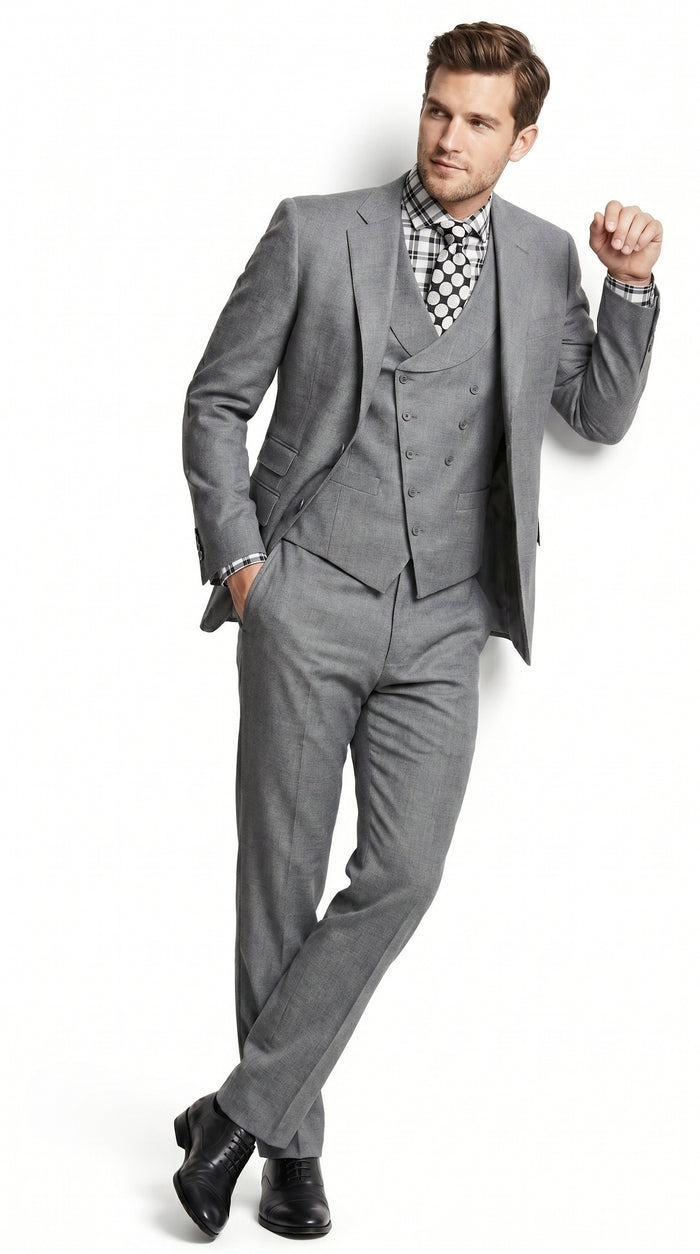 Men’s Light Grey 3 Piece Suit with Double Breasted Vest and Pleated Pants