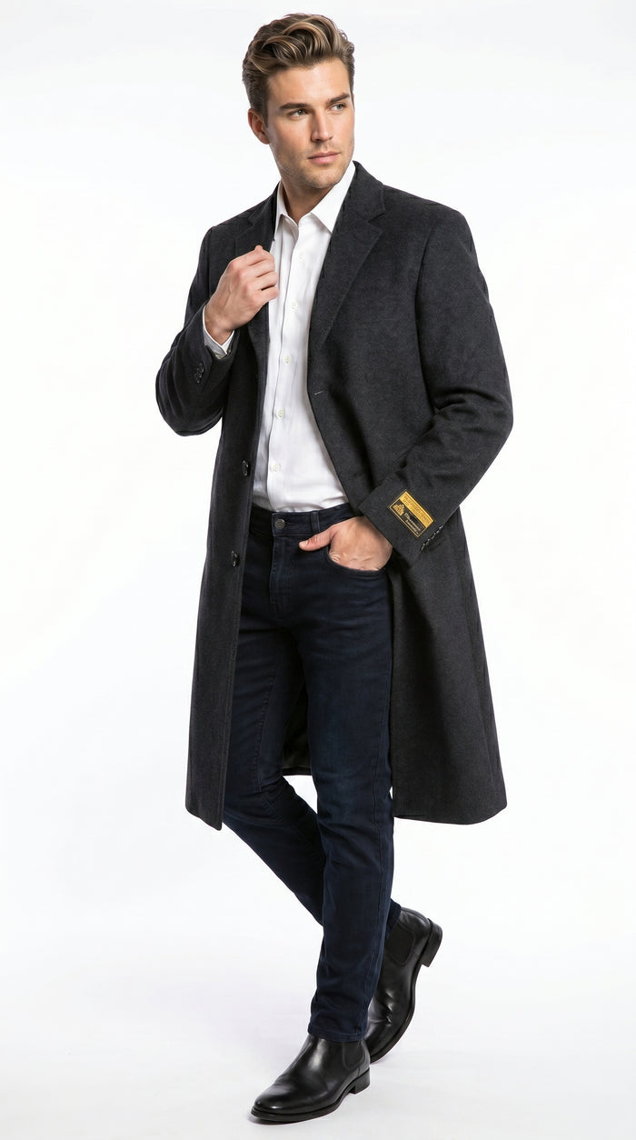 Men’s Charcoal Full Length Wool Dress Topcoat, Formal Winter Overcoat for Men