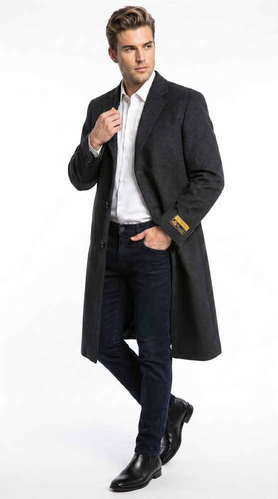 Men’s Charcoal Full Length Wool Dress Topcoat, Formal Winter Overcoat for Men
