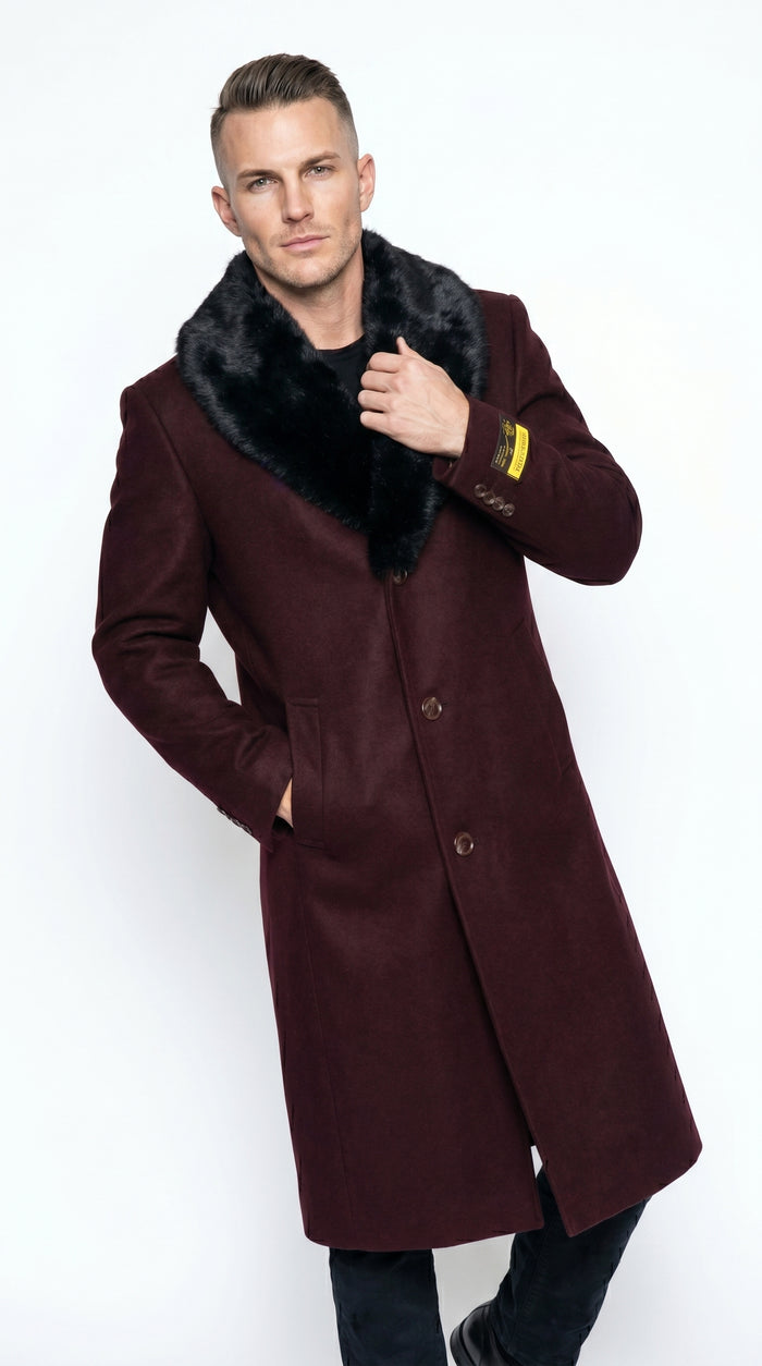 Men’s Burgundy Big and Tall Long Overcoat with Black Fur Style Collar, Winter Dress Topcoat up to Size 68