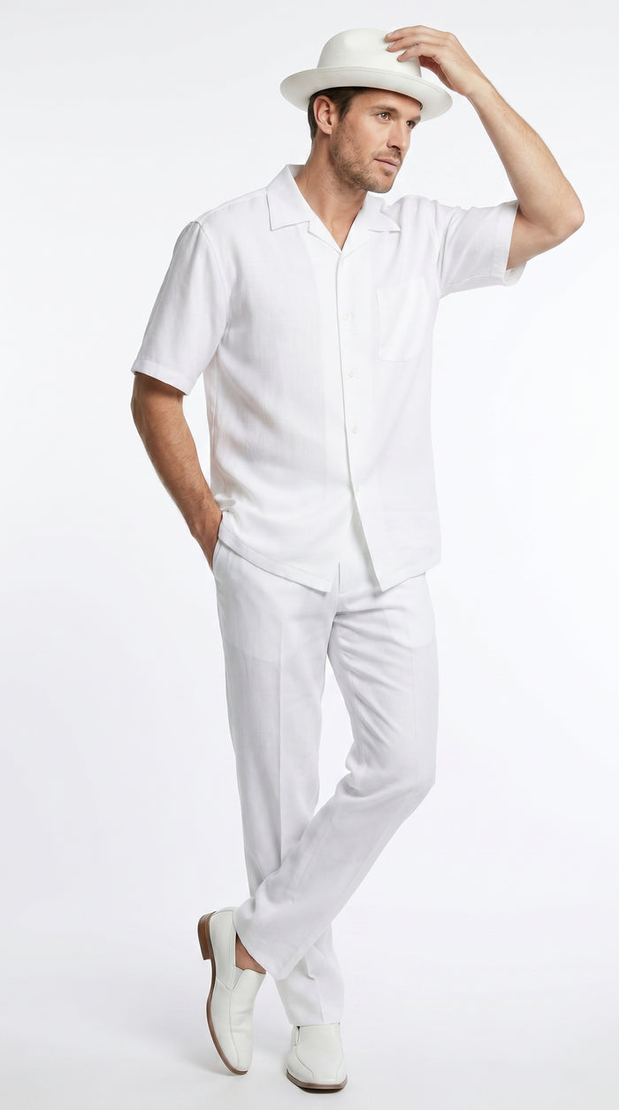 Men’s White Linen Walking Suit with Short Sleeve Shirt and Matching Pants, Summer Casual Outfit