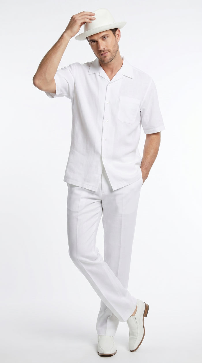 Men’s White Linen Walking Suit with Short Sleeve Shirt and Matching Pants, Summer Casual Outfit