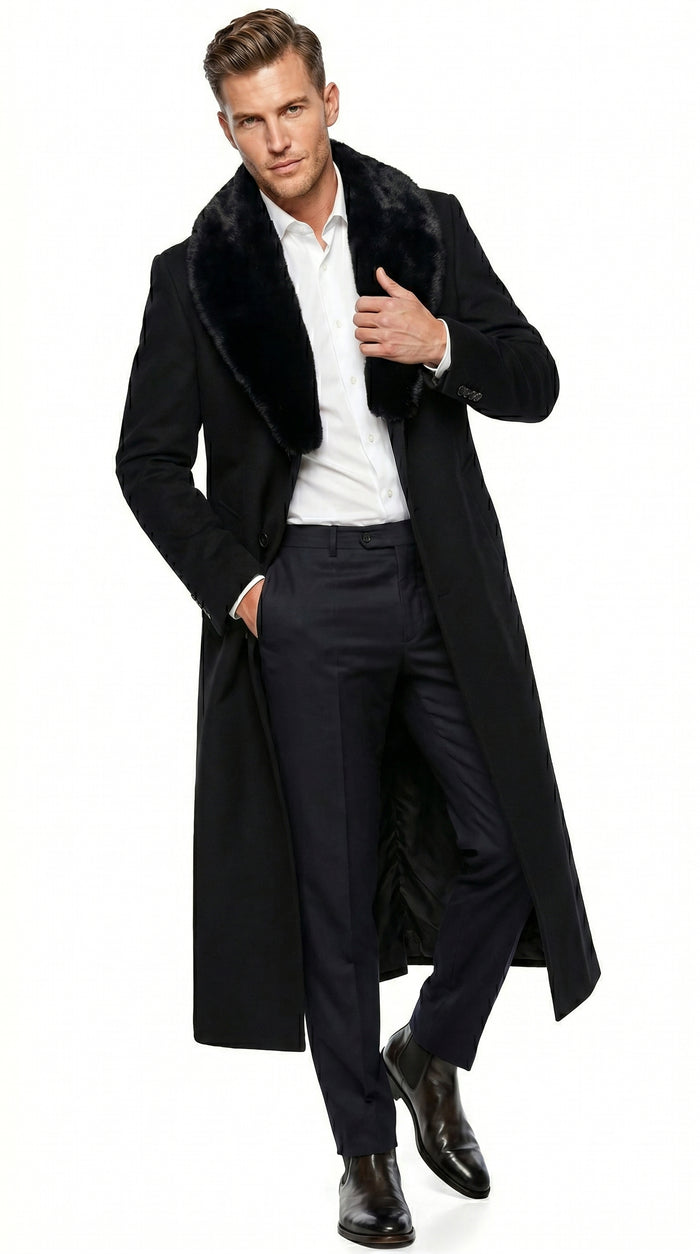Men’s Black Cashmere Blend Full Length Overcoat with Fur Style Collar, Winter Dress Coat