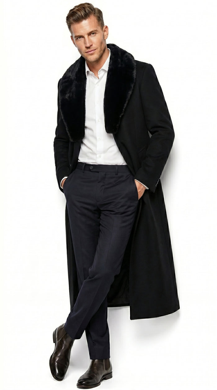 Men’s Black Cashmere Blend Full Length Overcoat with Fur Style Collar, Winter Dress Coat