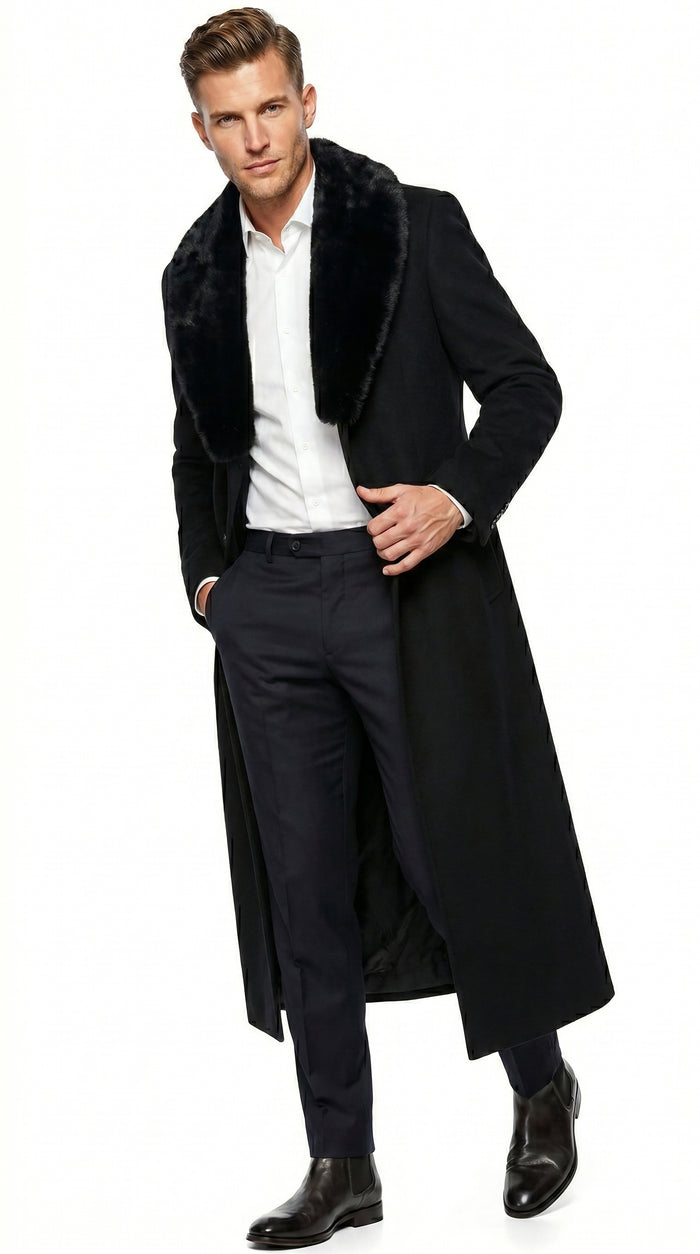 Men’s Black Cashmere Blend Full Length Overcoat with Fur Style Collar, Winter Dress Coat