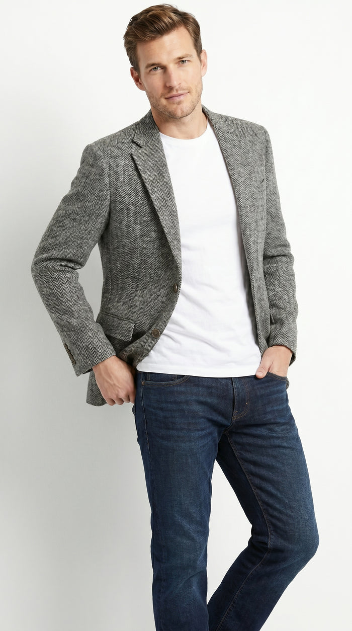 Men’s Grey Harris Tweed Herringbone Sport Coat, Classic Dress Casual Blazer Jacket