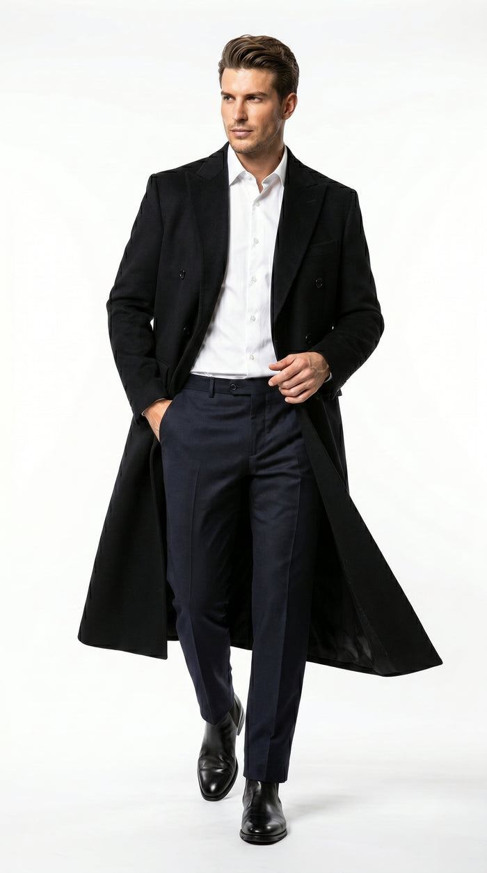 Men’s Black Cashmere Blend Full Length Overcoat, Double Breasted Winter Dress Coat