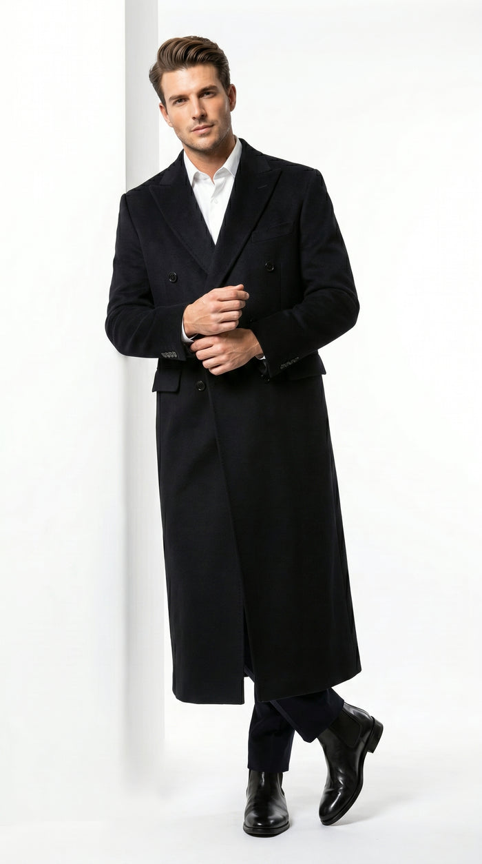 Men’s Black Cashmere Blend Full Length Overcoat, Double Breasted Winter Dress Coat
