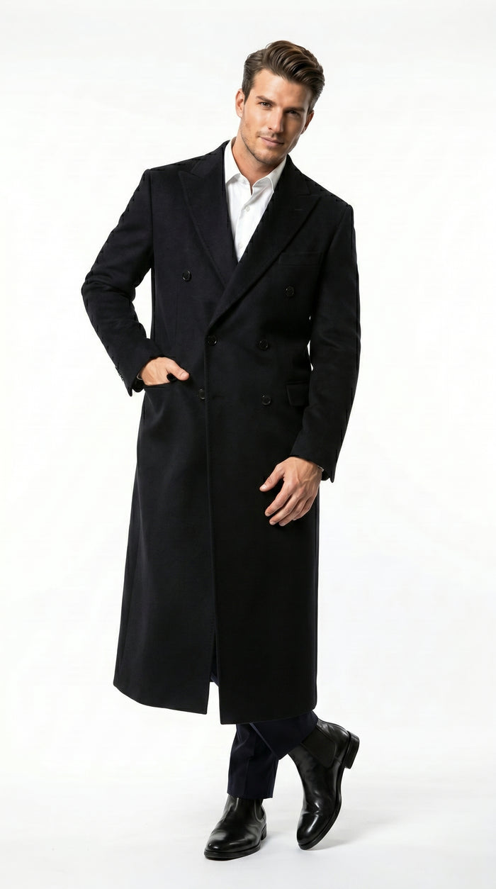 Men’s Black Cashmere Blend Full Length Overcoat, Double Breasted Winter Dress Coat