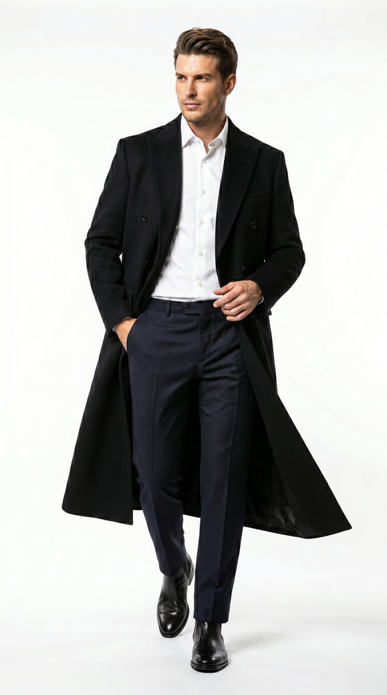Men’s Black Cashmere Blend Full Length Overcoat, Double Breasted Winter Dress Coat