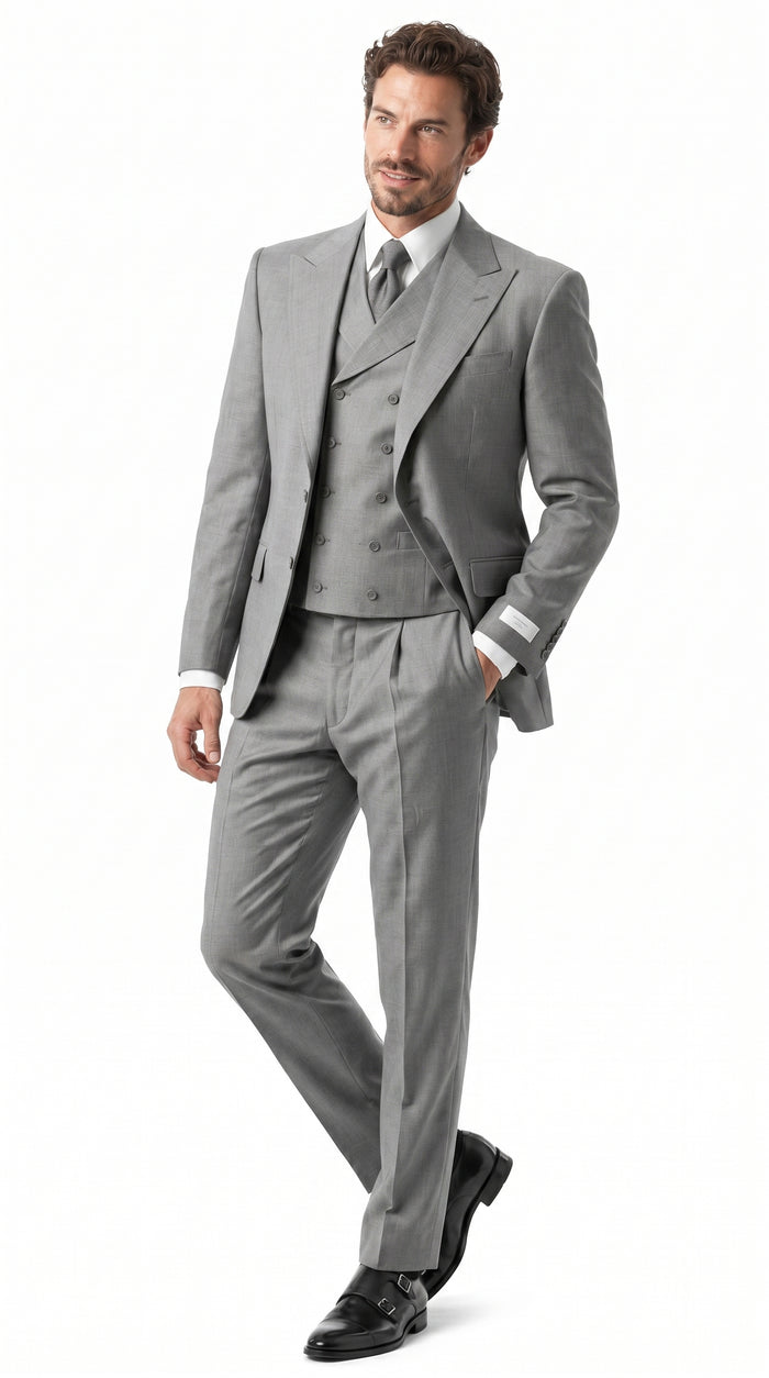 Men’s Grey 1920s Style 3 Piece Suit with Double Breasted Slanted Vest, Peak Lapel & Pleated Wide Leg Pants