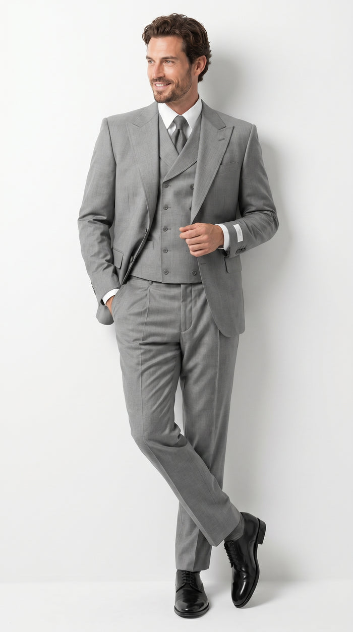 Men’s Grey 1920s Style 3 Piece Suit with Double Breasted Slanted Vest, Peak Lapel & Pleated Wide Leg Pants