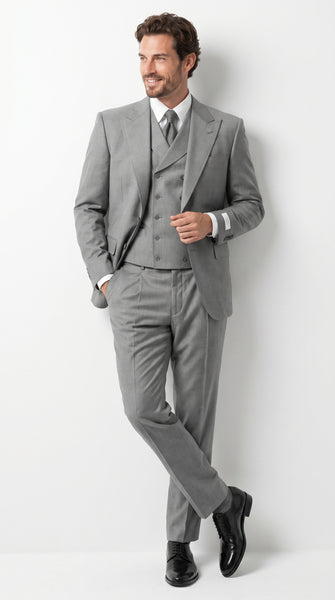 Men’s Grey 1920s Style 3 Piece Suit with Double Breasted Slanted Vest, Peak Lapel & Pleated Wide Leg Pants