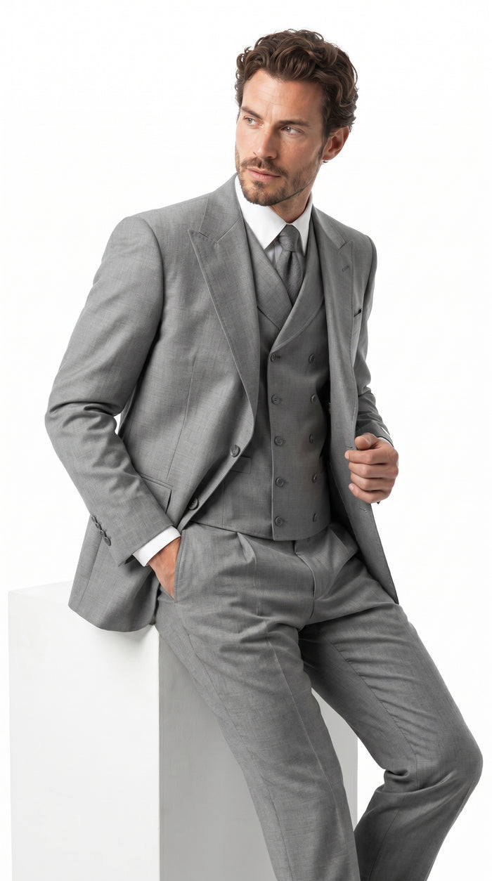 Men’s Grey 1920s Style 3 Piece Suit with Double Breasted Slanted Vest, Peak Lapel & Pleated Wide Leg Pants
