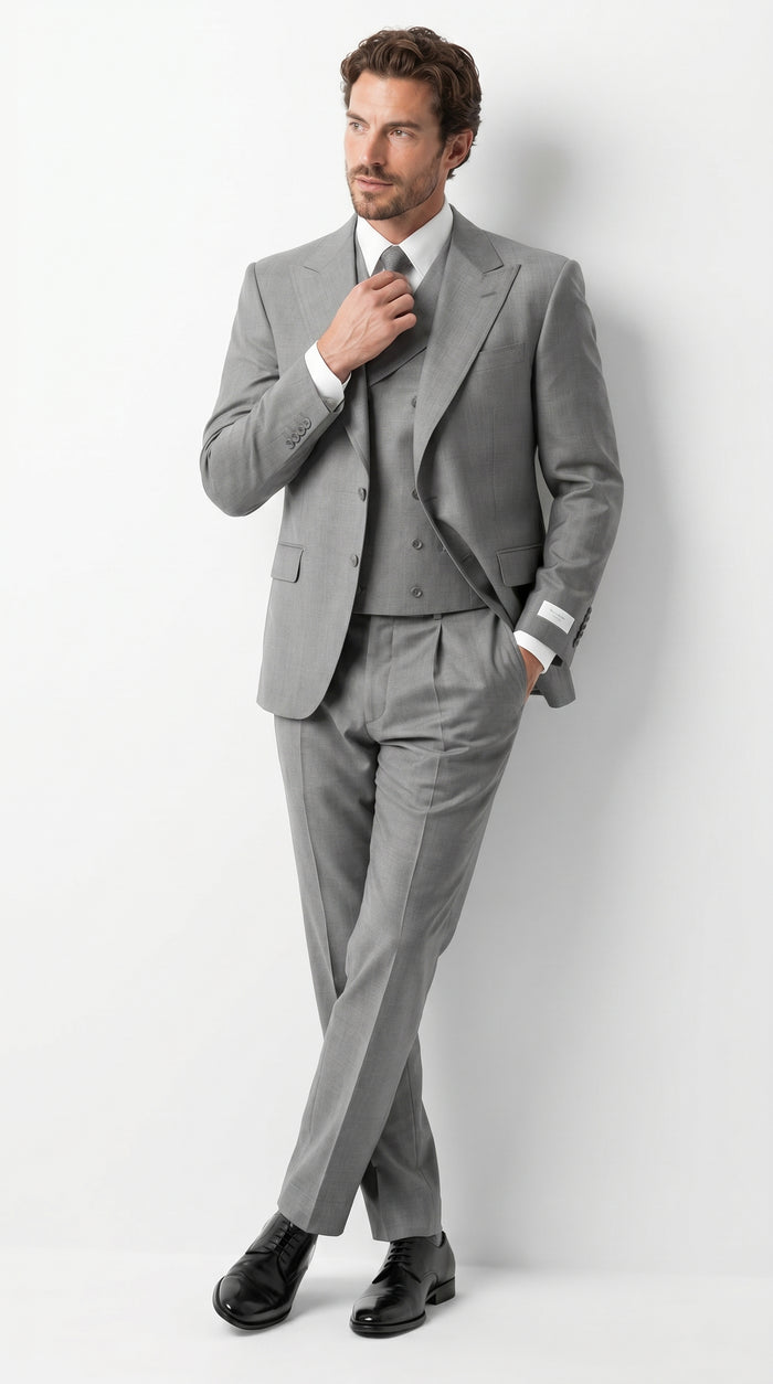 Men’s Grey 1920s Style 3 Piece Suit with Double Breasted Slanted Vest, Peak Lapel & Pleated Wide Leg Pants