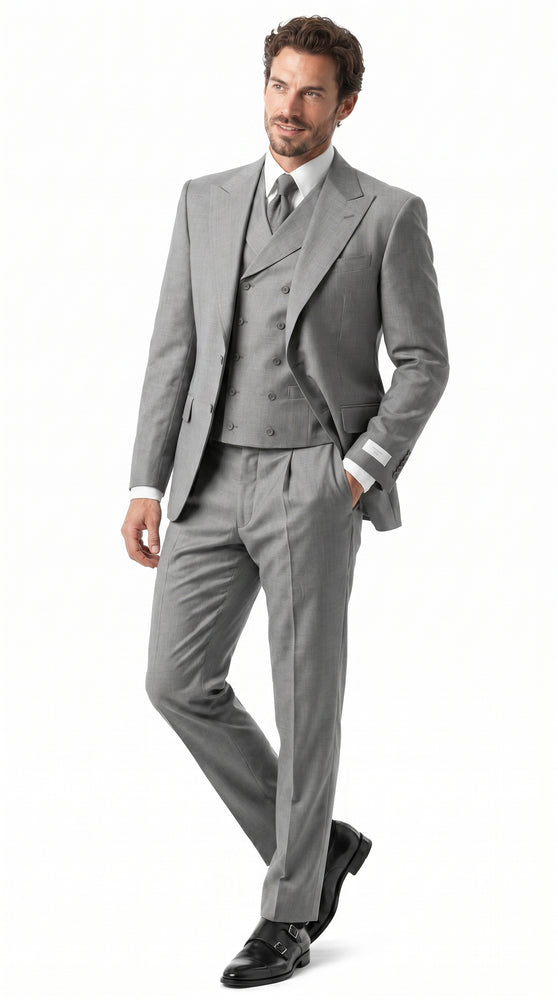 Men’s Grey 1920s Style 3 Piece Suit with Double Breasted Slanted Vest, Peak Lapel & Pleated Wide Leg Pants