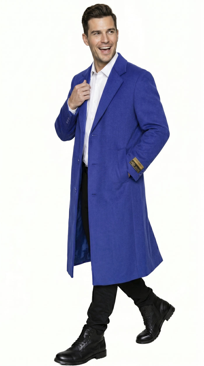 Men’s Royal Blue Full Length Overcoat Big and Tall Wool Blend Dress Topcoat Winter Coat 4XL 5XL 6XL