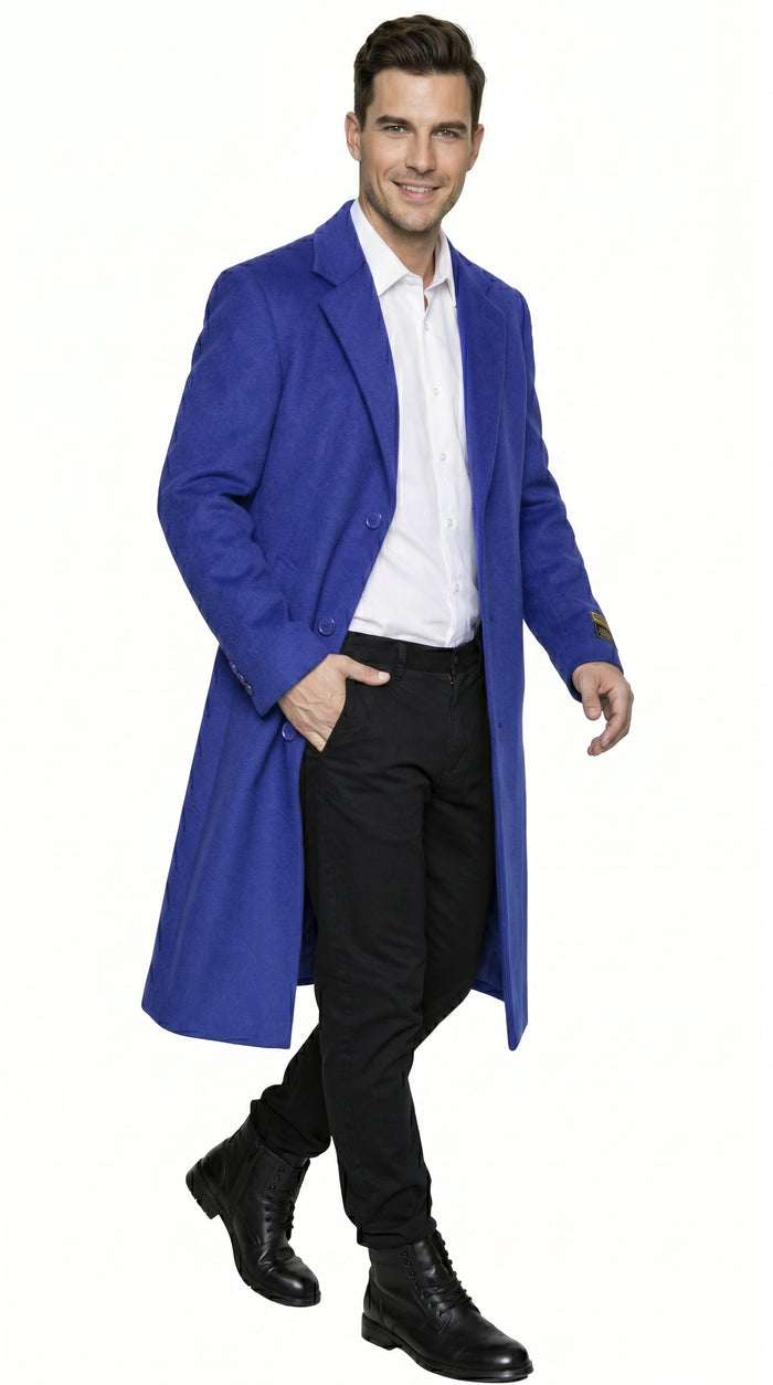 Men’s Royal Blue Full Length Overcoat Big and Tall Wool Blend Dress Topcoat Winter Coat 4XL 5XL 6XL