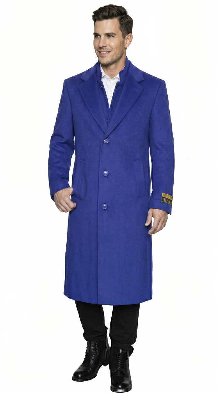 Men’s Royal Blue Full Length Overcoat Big and Tall Wool Blend Dress Topcoat Winter Coat 4XL 5XL 6XL