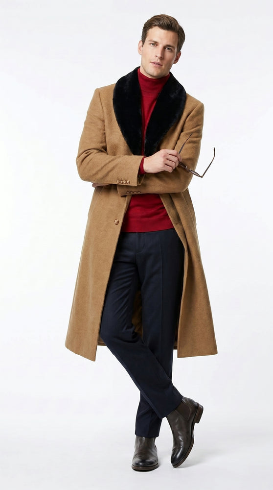 Men’s Camel Big and Tall Long Overcoat with Black Fur Style Collar, Winter Dress Topcoat up to Size 68