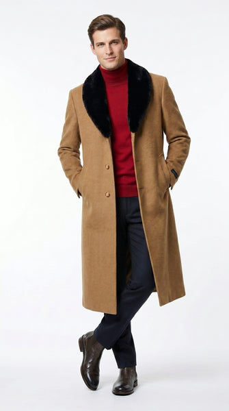 Men’s Camel Big and Tall Long Overcoat with Black Fur Style Collar, Winter Dress Topcoat up to Size 68