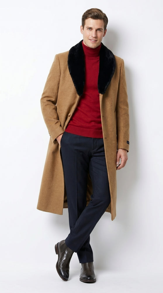 Men’s Camel Big and Tall Long Overcoat with Black Fur Style Collar, Winter Dress Topcoat up to Size 68