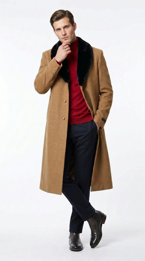 Men’s Camel Big and Tall Long Overcoat with Black Fur Style Collar, Winter Dress Topcoat up to Size 68