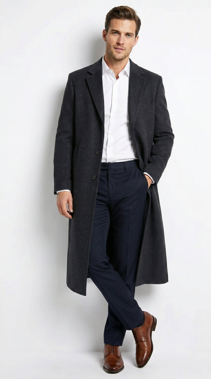 Men’s Black Cashmere Blend Full Length Overcoat, Classic Winter Dress Topcoat