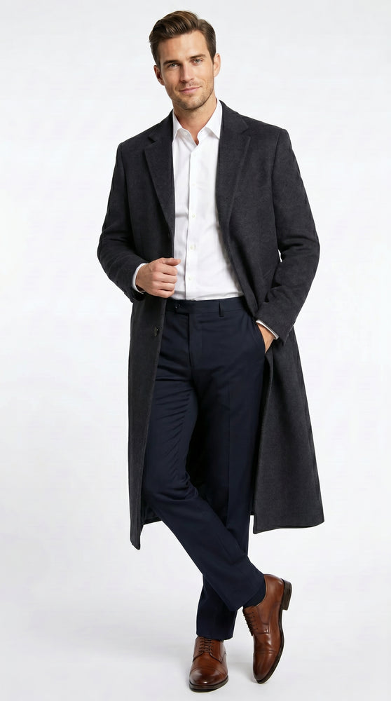 Men’s Black Cashmere Blend Full Length Overcoat, Classic Winter Dress Topcoat
