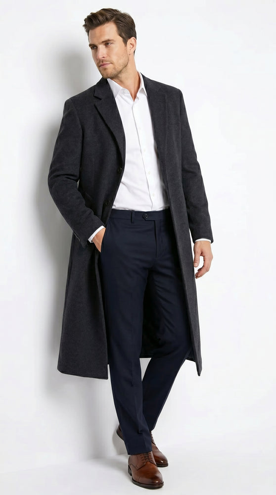 Men’s Black Cashmere Blend Full Length Overcoat, Classic Winter Dress Topcoat