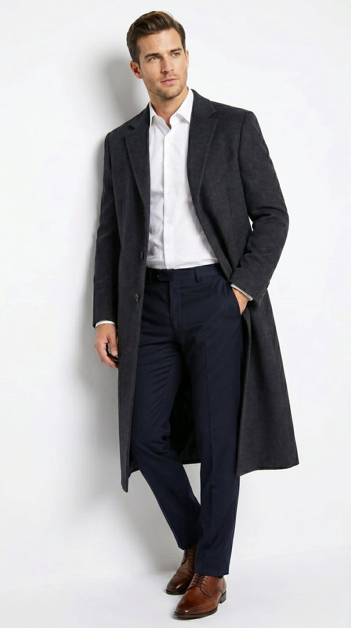 Men’s Black Cashmere Blend Full Length Overcoat, Classic Winter Dress Topcoat