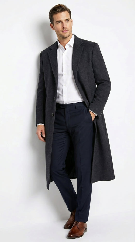 Men’s Black Cashmere Blend Full Length Overcoat, Classic Winter Dress Topcoat